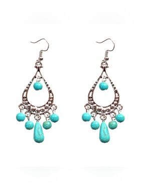Turquoise stone chandelier silver earrings with round and teardrop stones  NEW